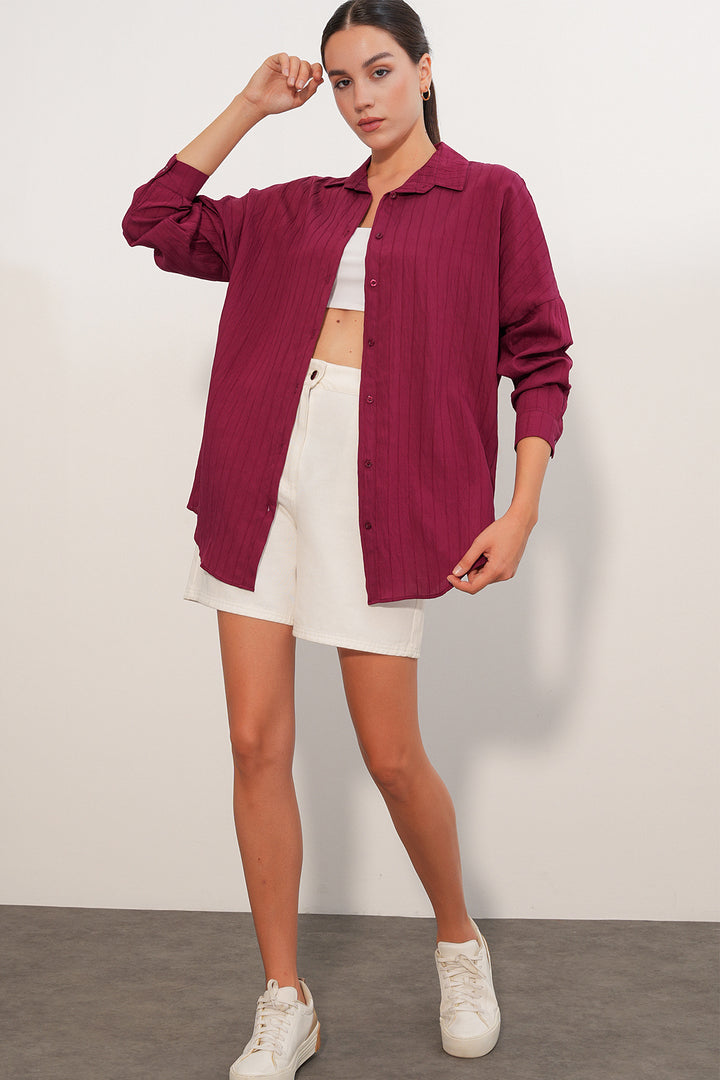 BGD Women Kadın Çizgi Detaylı Oversize Gömlek 20407 - Bordo - Brea