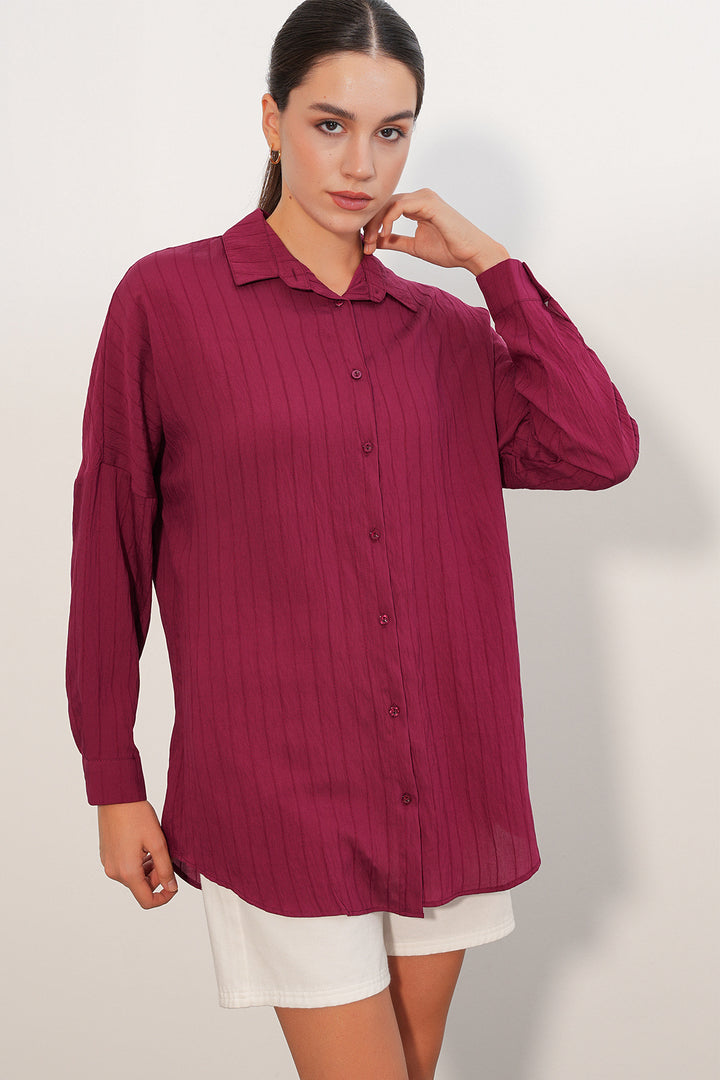 BGD Women Kadın Çizgi Detaylı Oversize Gömlek 20407 - Bordo - Brea
