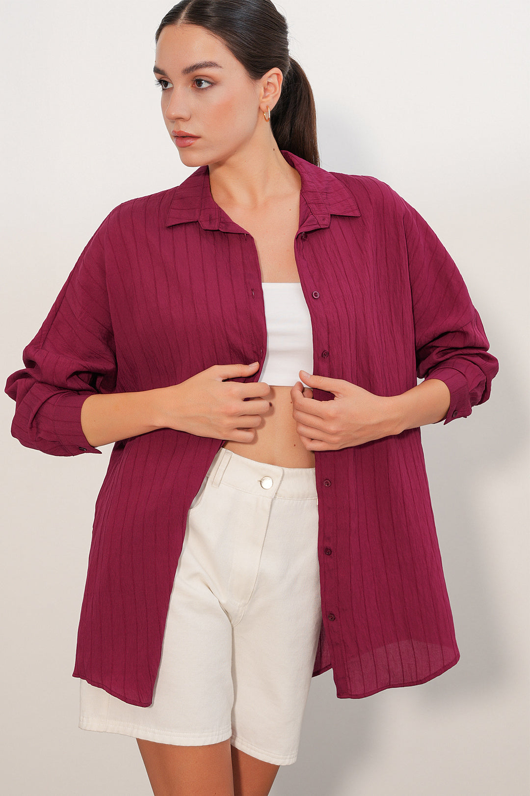 BGD Women Kadın Çizgi Detaylı Oversize Gömlek 20407 - Bordo - Brea