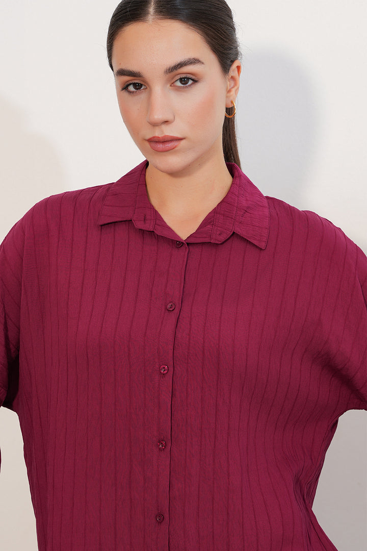BGD Women Kadın Çizgi Detaylı Oversize Gömlek 20407 - Bordo - Brea