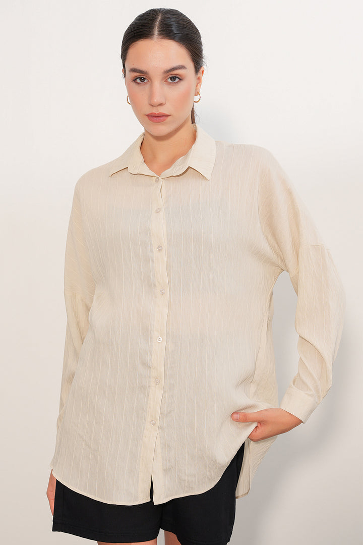 BGD Women Kadın Çizgi Detaylı Oversize Gömlek 20407 - Krem - Mulhouse