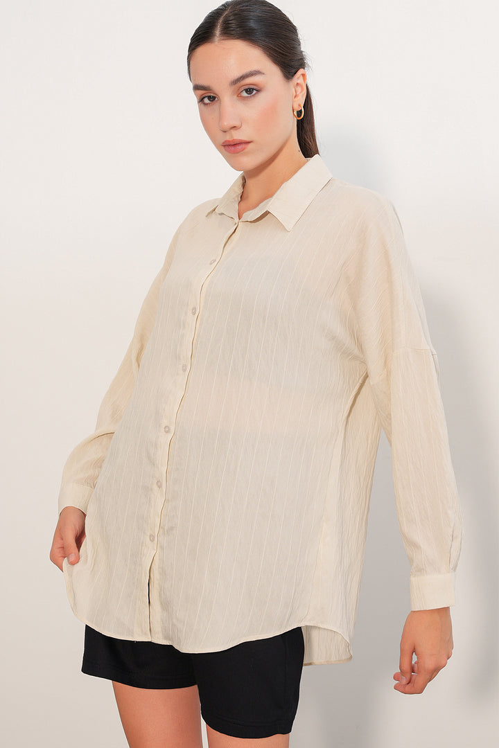 BGD Women Kadın Çizgi Detaylı Oversize Gömlek 20407 - Krem - Mulhouse