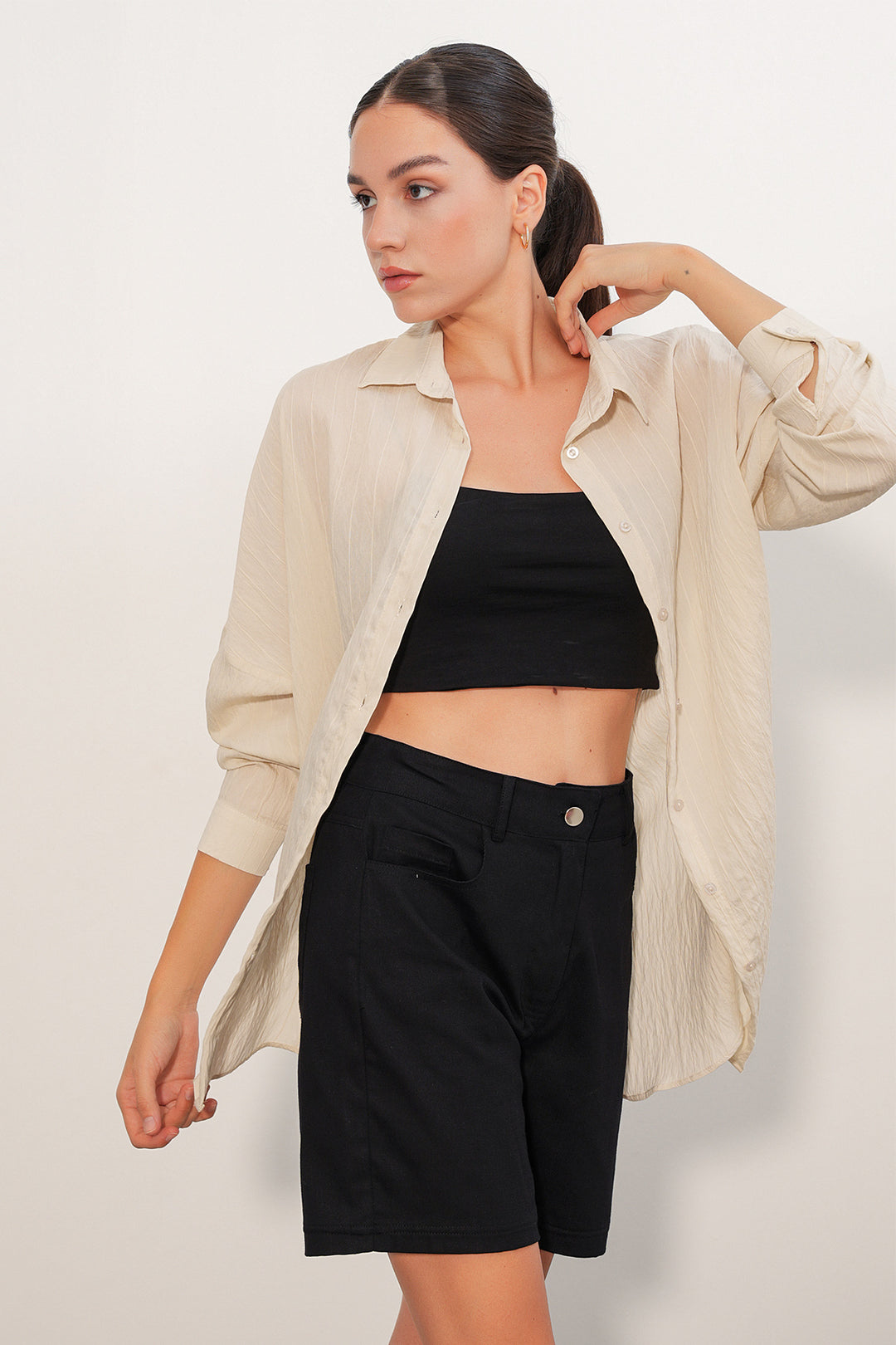 BGD Women Kadın Çizgi Detaylı Oversize Gömlek 20407 - Krem - Mulhouse
