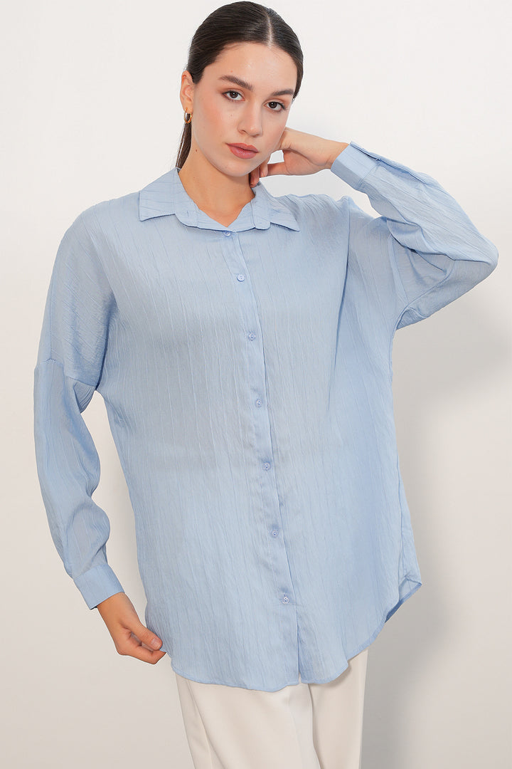 BGD Women Kadın Çizgi Detaylı Oversize Gömlek 20407 - Mavi - Mukacheve