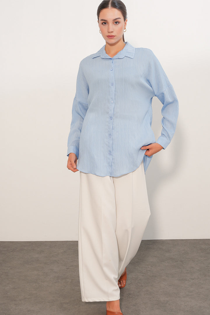 BGD Women Kadın Çizgi Detaylı Oversize Gömlek 20407 - Mavi - Mukacheve