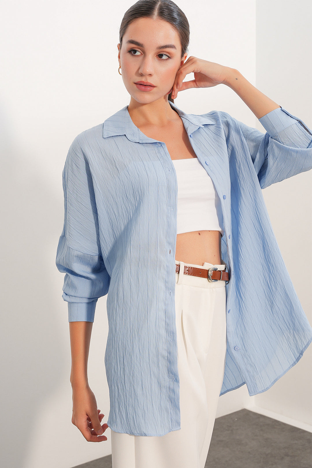 BGD Women Kadın Çizgi Detaylı Oversize Gömlek 20407 - Mavi - Mukacheve