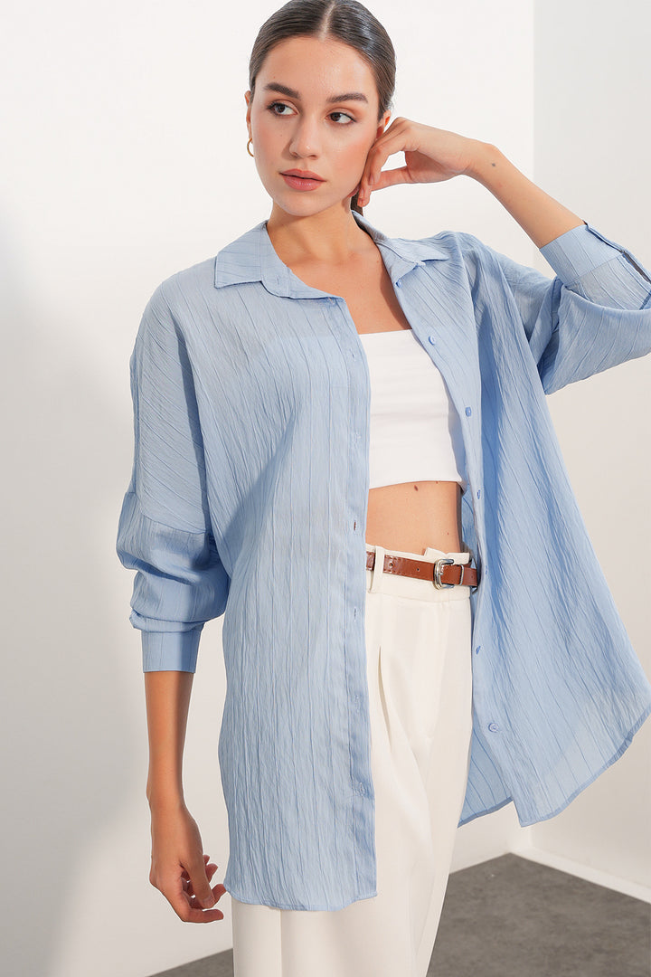 BGD Women Kadın Çizgi Detaylı Oversize Gömlek 20407 - Mavi - Mukacheve