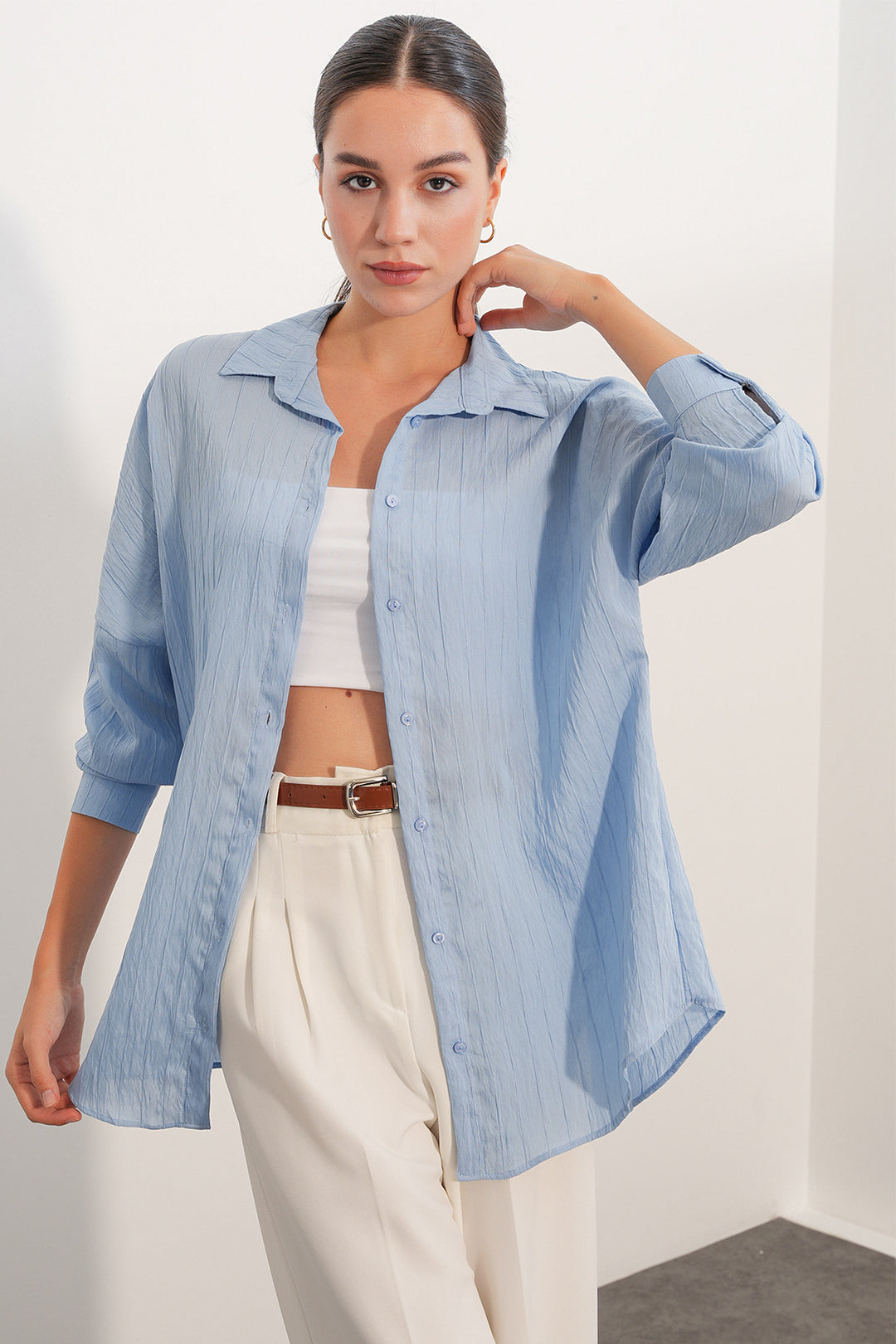 BGD Women Kadın Çizgi Detaylı Oversize Gömlek 20407 - Mavi - Mukacheve