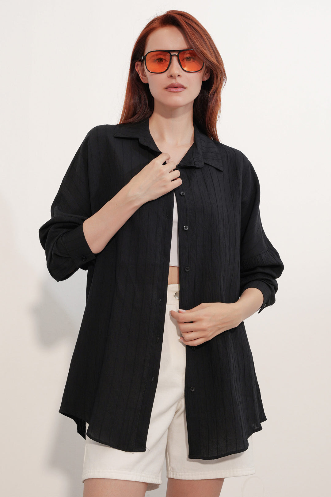 BGD Women Kadın Çizgi Detaylı Oversize Gömlek 20407 - Siyah - Villefranche-sur-Saône