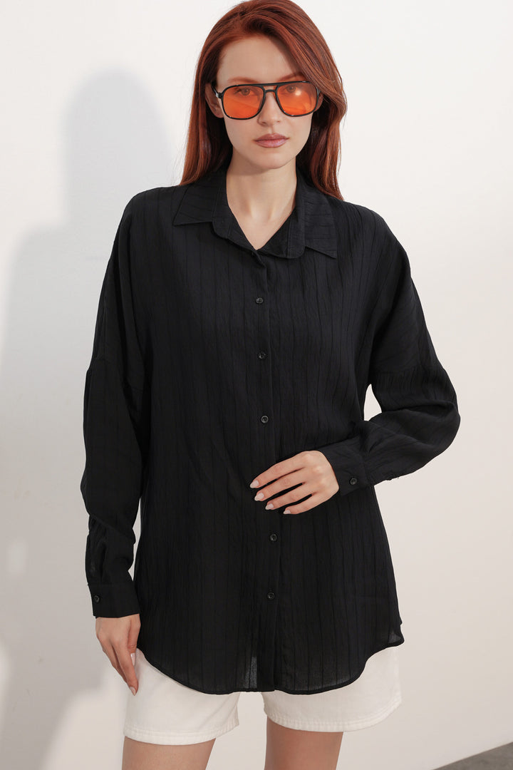 BGD Women Kadın Çizgi Detaylı Oversize Gömlek 20407 - Siyah - Villefranche-sur-Saône