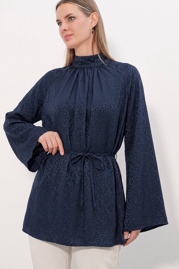 BGD Women Kadın Çizgili Bağcıklı Oversize Tunik 50009 - Lacivert - Reno