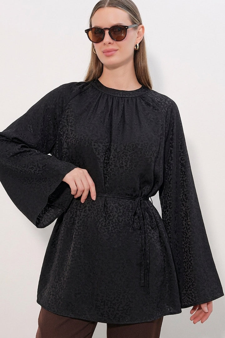 BGD Women Kadın Çizgili Bağcıklı Oversize Tunik 50009 - Siyah - South Gate