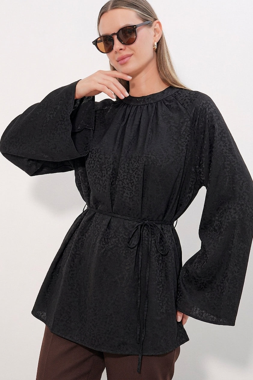 BGD Women Kadın Çizgili Bağcıklı Oversize Tunik 50009 - Siyah - South Gate