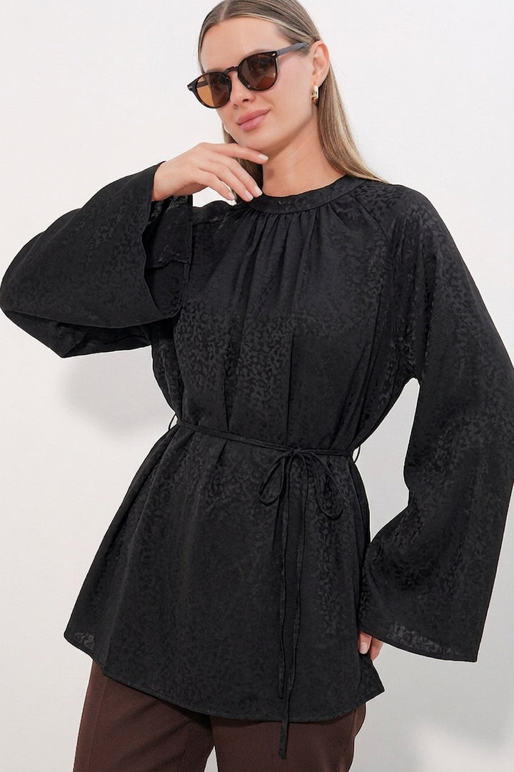 BGD Women Kadın Çizgili Bağcıklı Oversize Tunik 50009 - Siyah - South Gate
