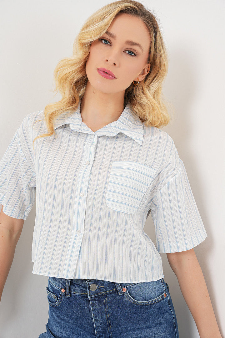 BGD Women Kadın Çizgili Crop Gömlek 20342 - Açık Mavi - Uman