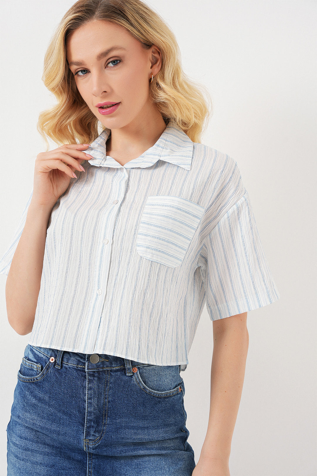 BGD Women Women's Striped Crop Top 20342 - Light Blue - Kansas City