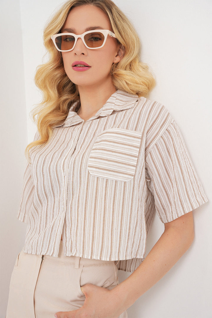 BGD Women Women's Striped Crop Top 20342 - Beige - Wheeling