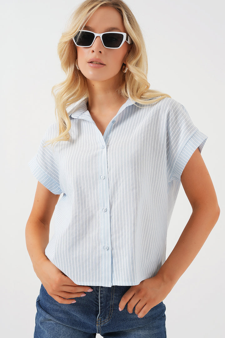 BGD Women Women's Striped Short Sleeve Shirt 20324 - Light Blue - Gotha