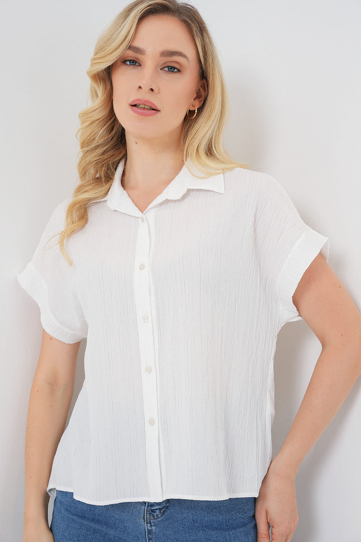 BGD Women Woman Striped Short Sleeve Shirt 20324 - White - Níkaia
