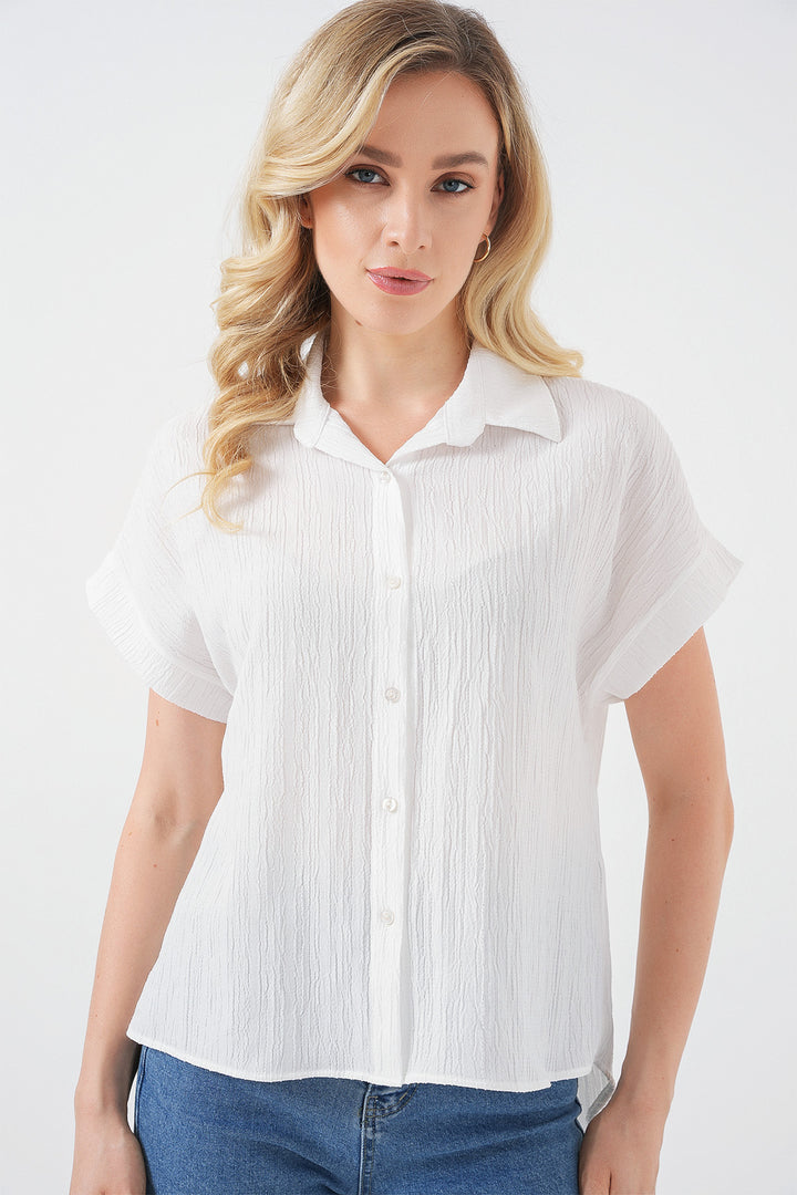 BGD Women Woman Striped Short Sleeve Shirt 20324 - White - Níkaia
