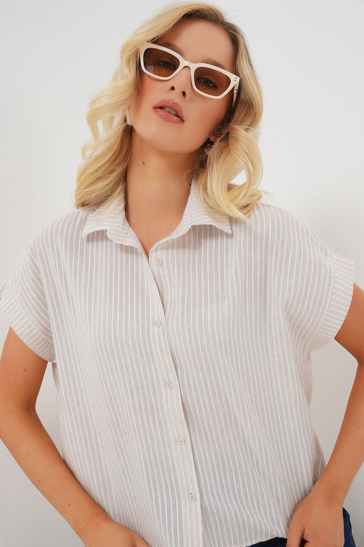 BGD Women Women's Striped Short Sleeve Shirt 20324 - Cream - Welling