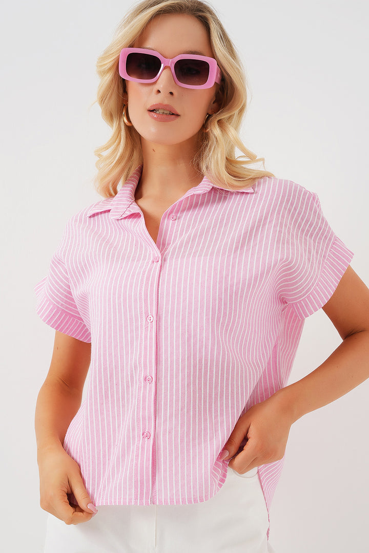 BGD Women Women's Striped Short Sleeve Shirt 20324 - Pink - Vélez-Málaga