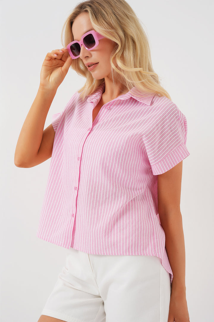 BGD Women Women's Striped Short Sleeve Shirt 20324 - Pink - Vélez-Málaga