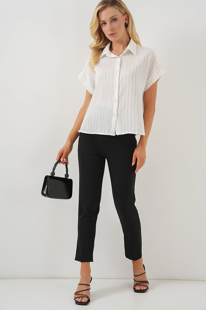 BGD Women Women's Striped Short Sleeve Shirt 20327 - White - Naucalpan de Juárez