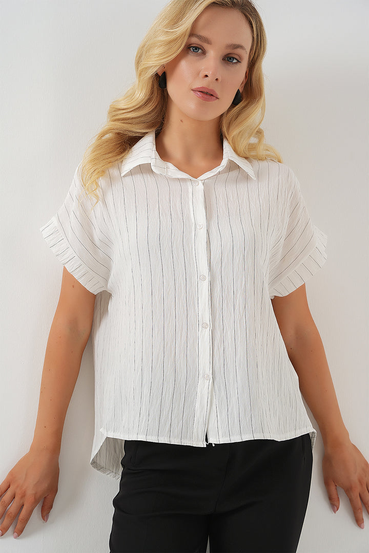 BGD Women Women's Striped Short Sleeve Shirt 20327 - White - Naucalpan de Juárez