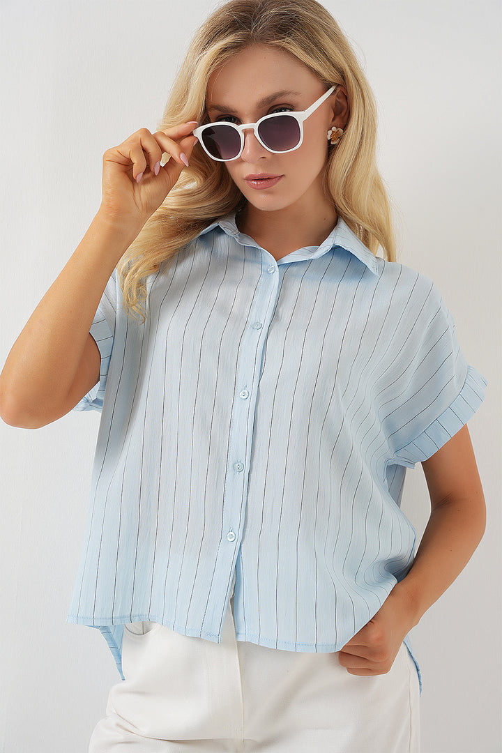 BGD Women Women's Striped Short Sleeve Shirt 20327 - Blue - Grove City