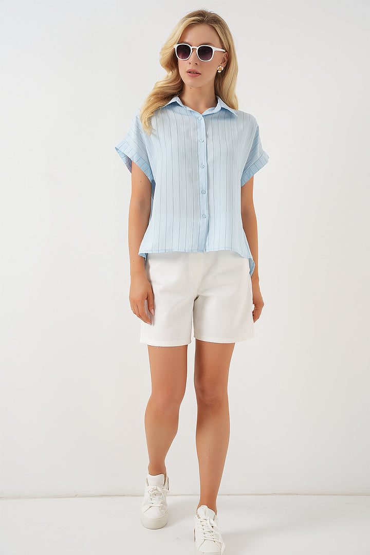 BGD Women Women's Striped Short Sleeve Shirt 20327 - Blue - Grove City