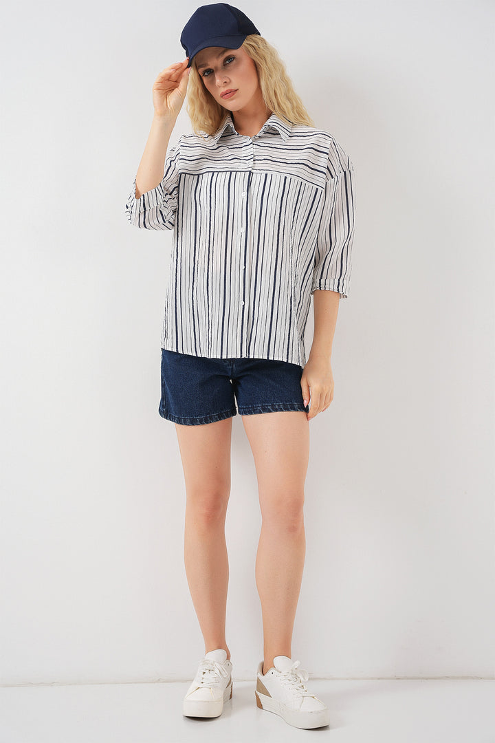 BGD Women Women's Striped Short Sleeve Shirt 20344 - Navy Blue - Azzano