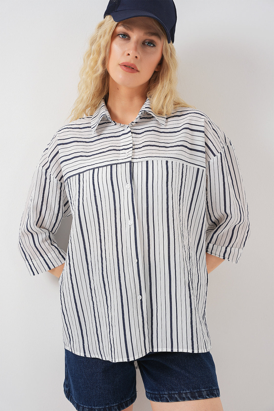 BGD Women Women's Striped Short Sleeve Shirt 20344 - Navy Blue - Azzano