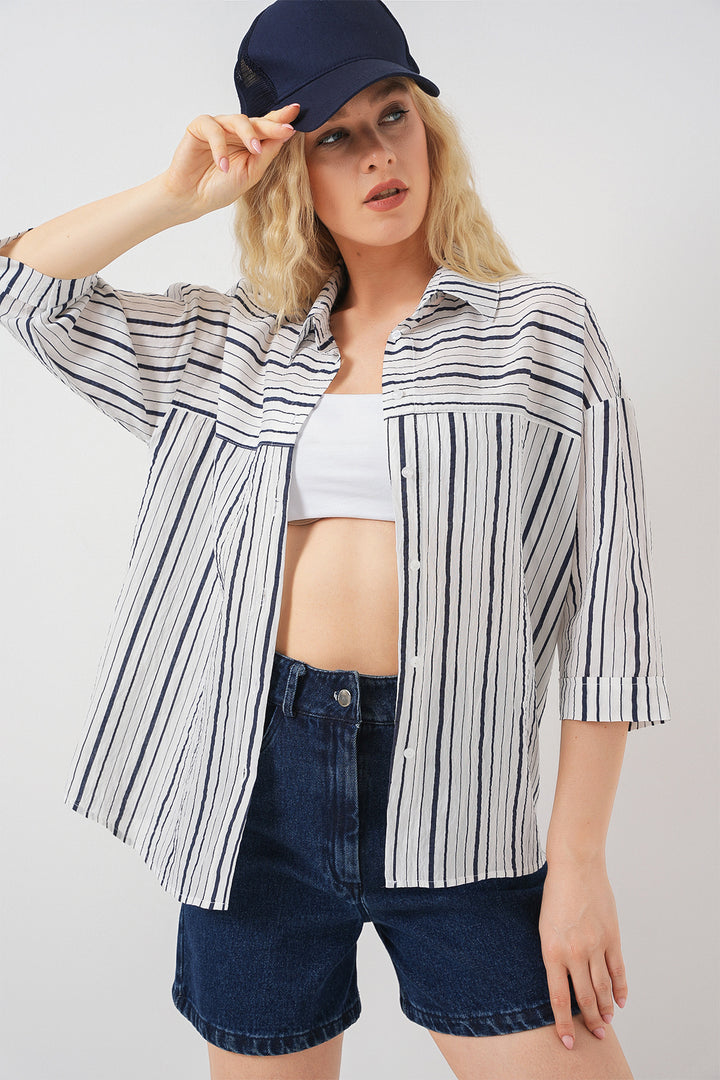 BGD Women Women's Striped Short Sleeve Shirt 20344 - Navy Blue - Azzano