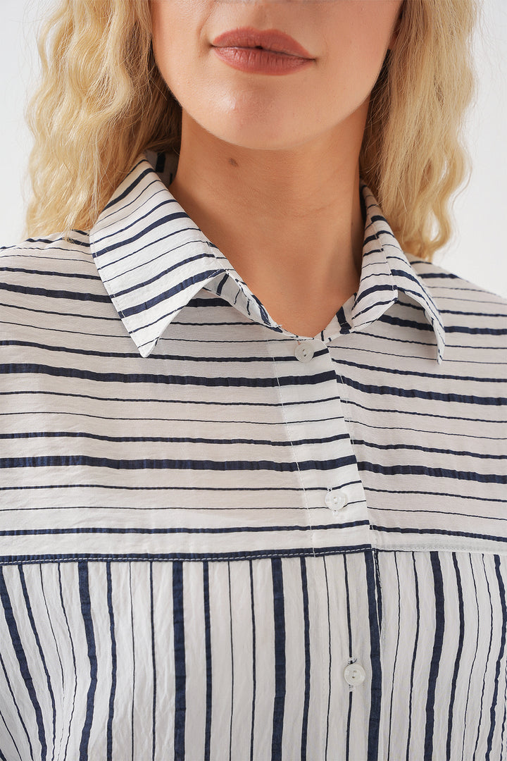 BGD Women Women's Striped Short Sleeve Shirt 20344 - Navy Blue - Azzano
