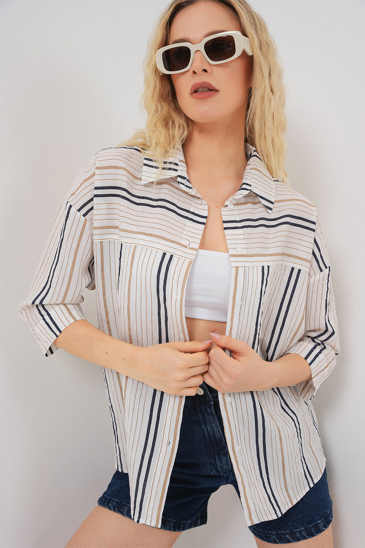 BGD Women Women's Striped Short Sleeve Shirt 20344 - Beige - Fuenlabrada