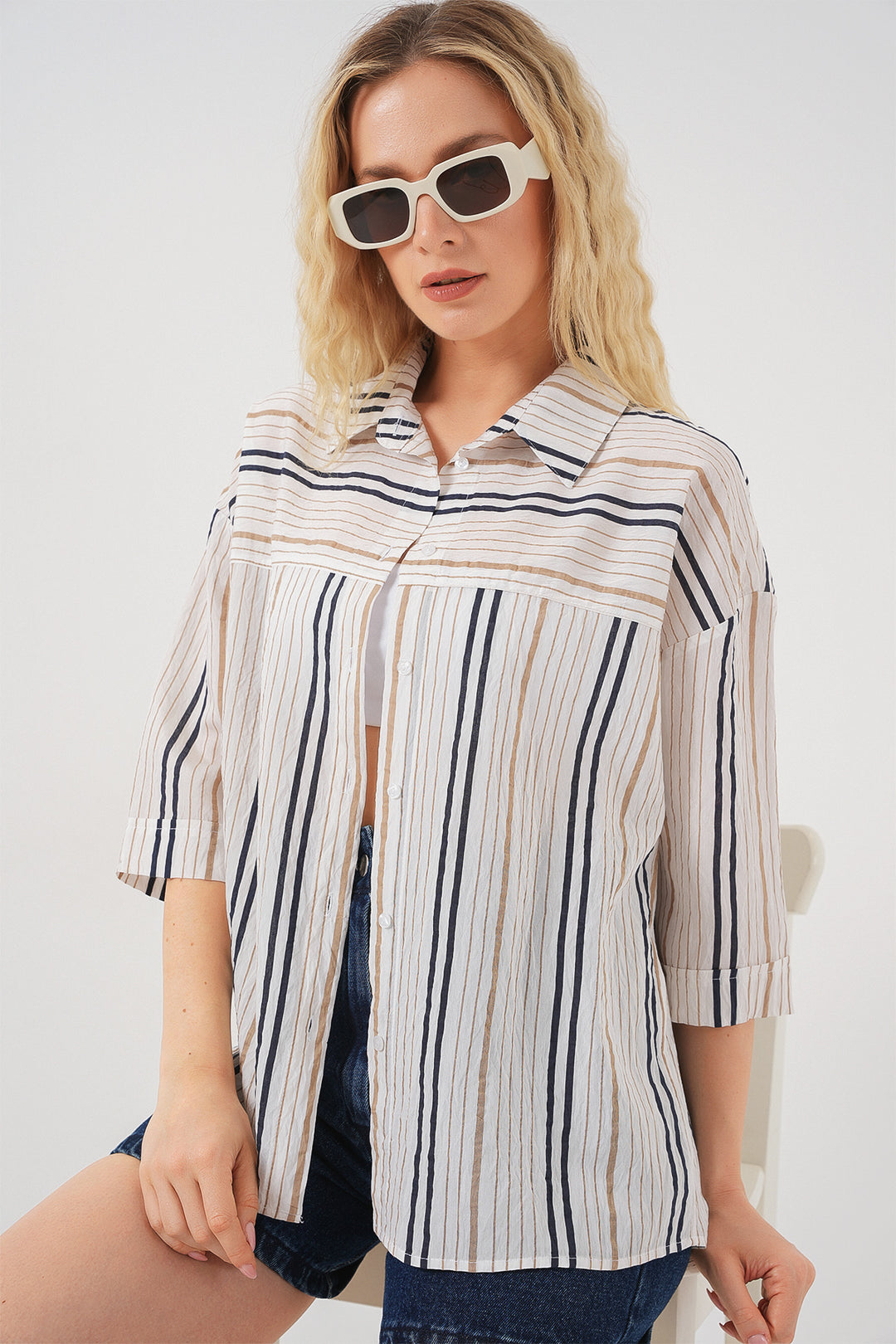 BGD Women Women's Striped Short Sleeve Shirt 20344 - Beige - Fuenlabrada