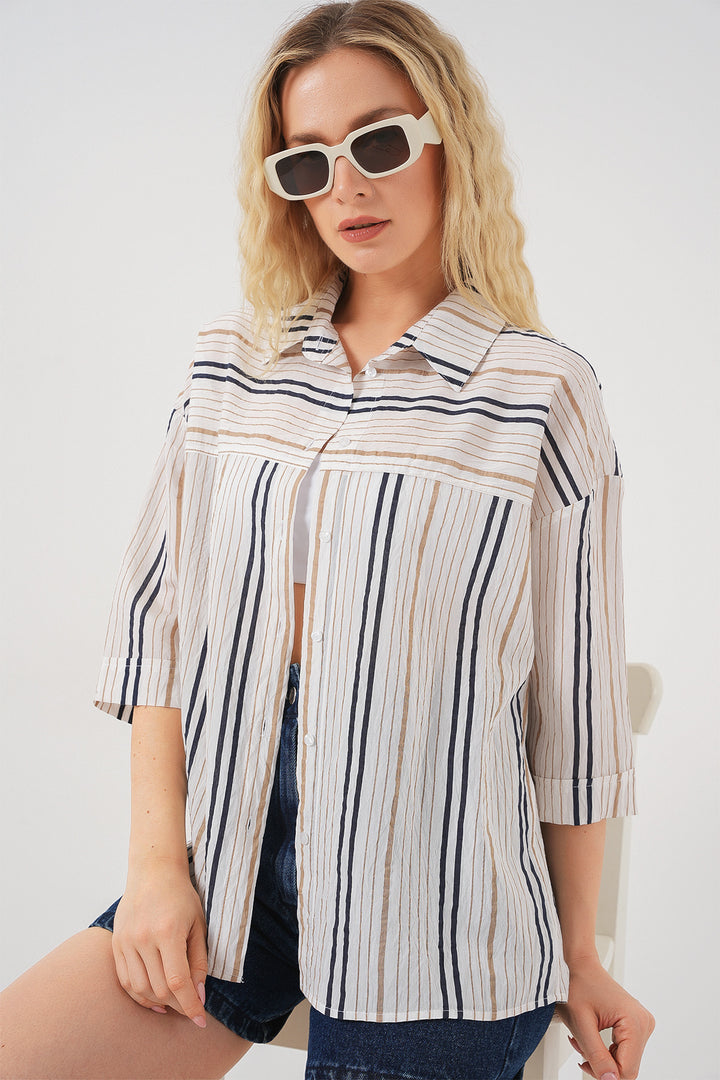 BGD Women Women's Striped Short Sleeve Shirt 20344 - Beige - Fuenlabrada