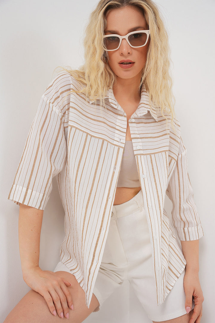 BGD Women Women's Striped Short Sleeve Shirt 20344 - Cream - Eden Prairie