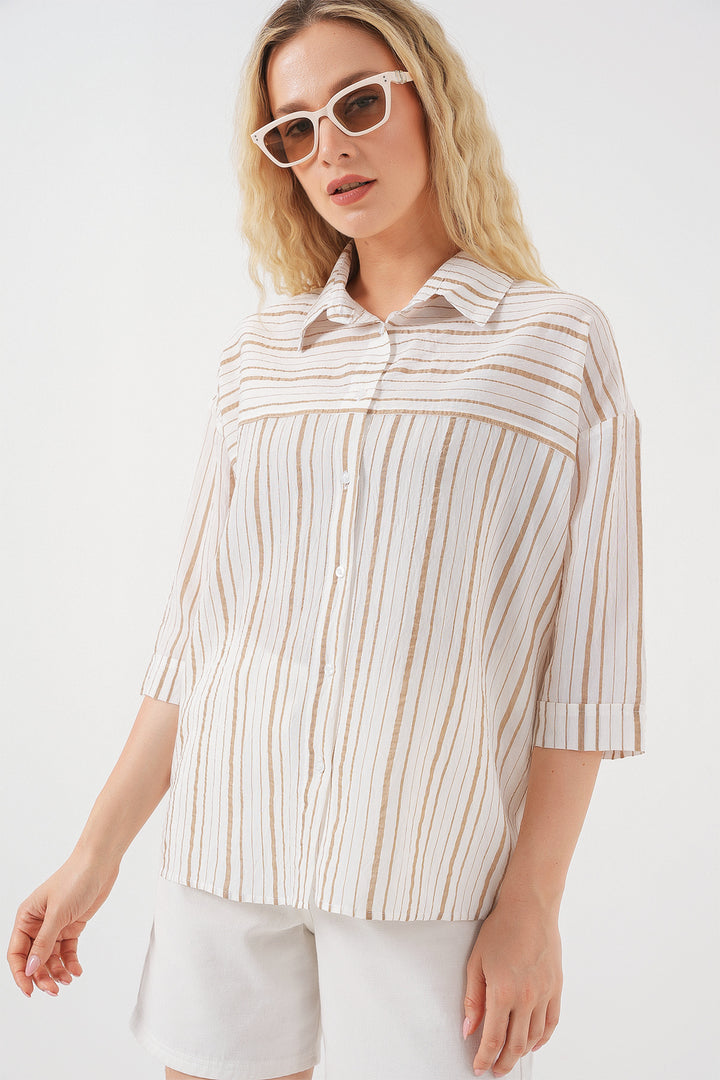 BGD Women Women's Striped Short Sleeve Shirt 20344 - Cream - Eden Prairie