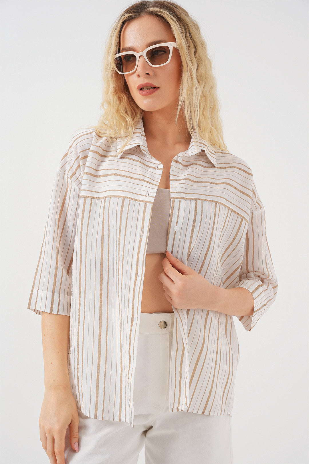 BGD Women Women's Striped Short Sleeve Shirt 20344 - Cream - Eden Prairie