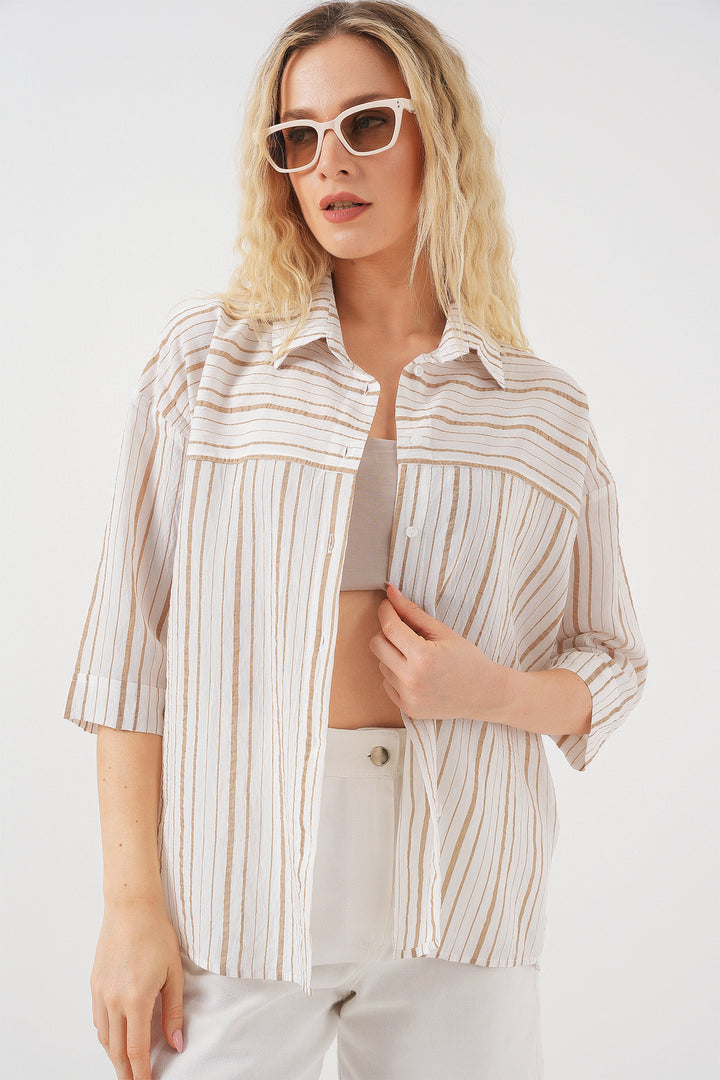BGD Women Women's Striped Short Sleeve Shirt 20344 - Cream - Eden Prairie