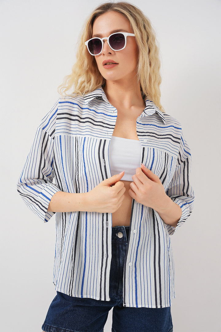 BGD Women Women's Striped Short Sleeve Shirt 20344 - Navy Blue - Fondi