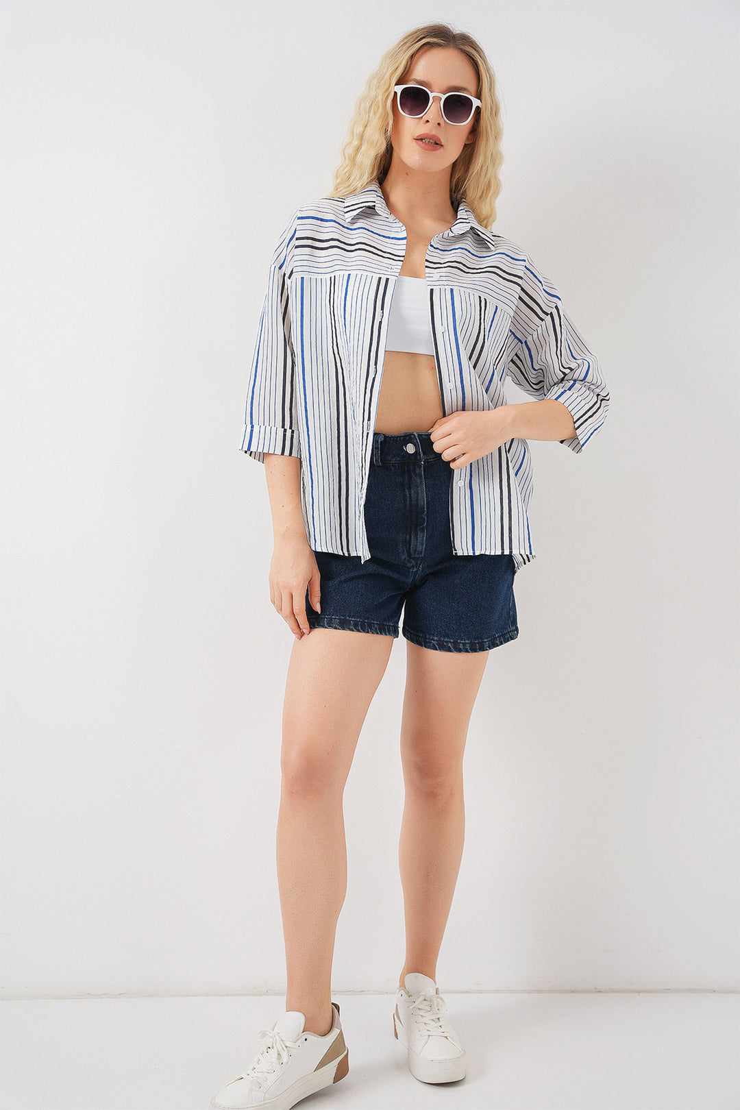 BGD Women Women's Striped Short Sleeve Shirt 20344 - Navy Blue - Fondi