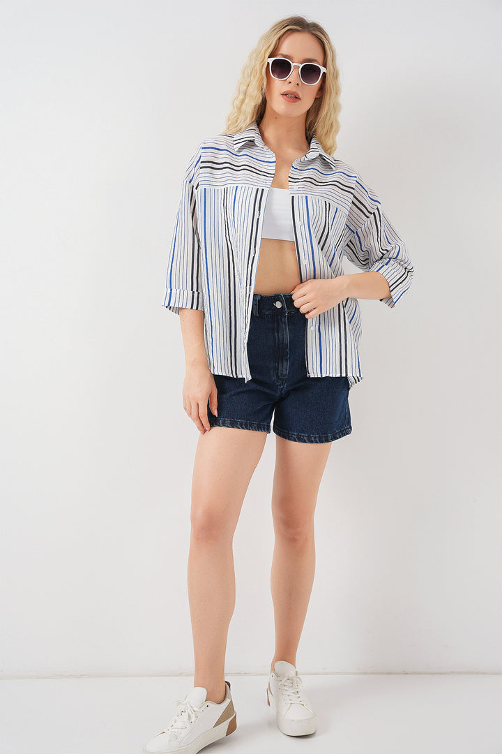 BGD Women Women's Striped Short Sleeve Shirt 20344 - Navy Blue - Fondi