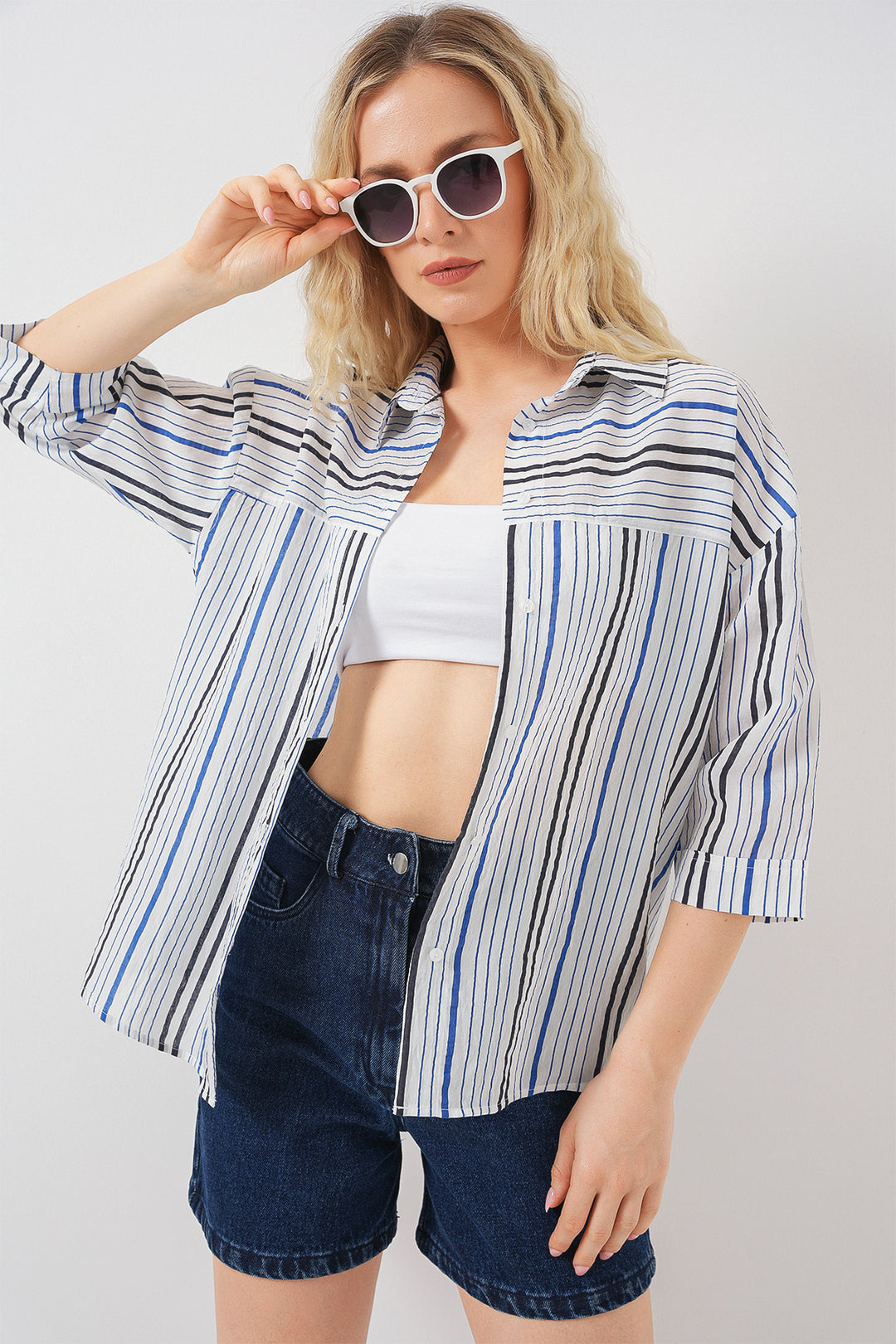 BGD Women Women's Striped Short Sleeve Shirt 20344 - Navy Blue - Fondi