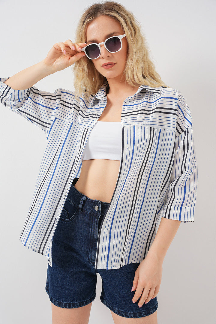 BGD Women Women's Striped Short Sleeve Shirt 20344 - Navy Blue - Fondi
