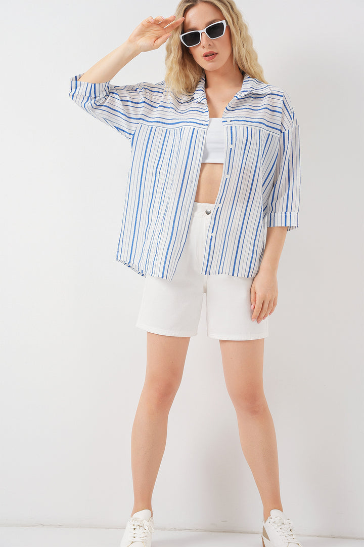 BGD Women Women's Striped Short Sleeve Shirt 20344 - Blue - Plainfield