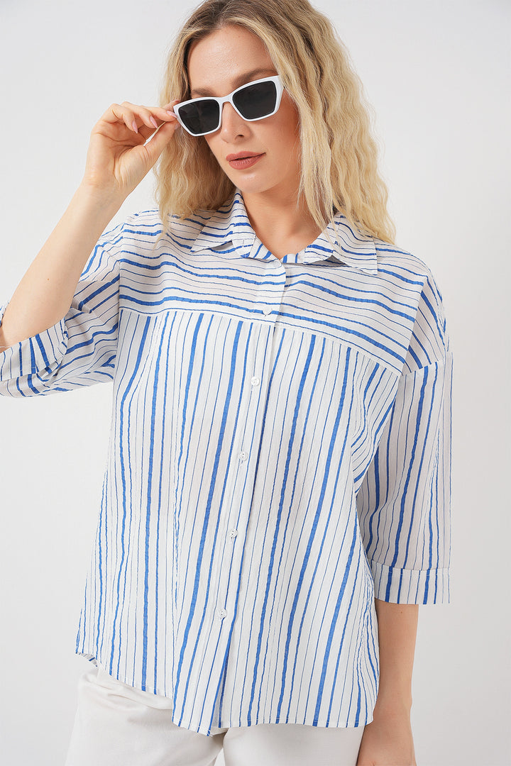 BGD Women Women's Striped Short Sleeve Shirt 20344 - Blue - Plainfield