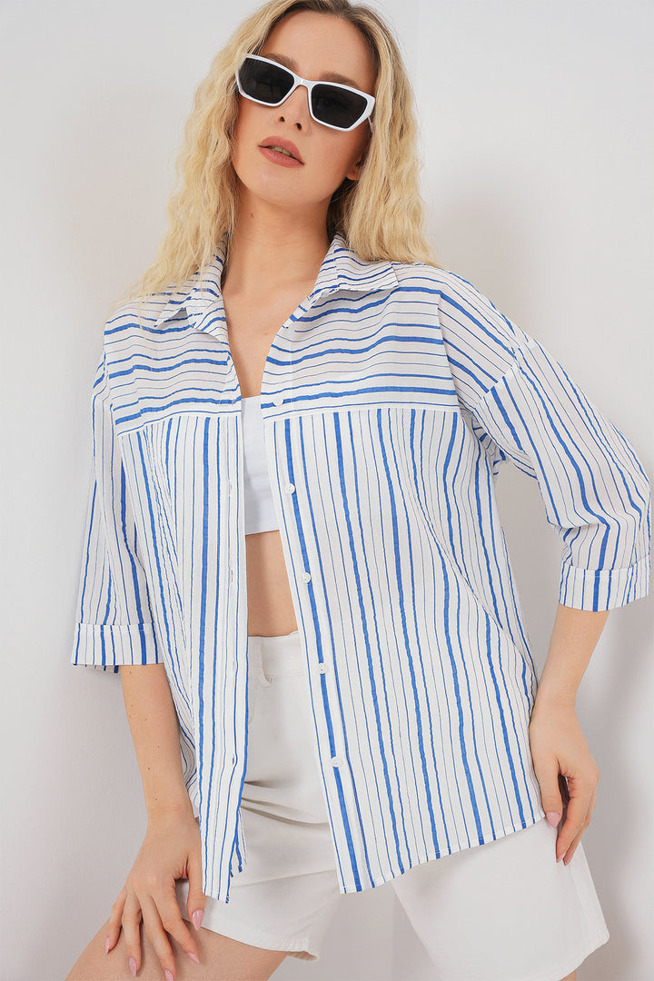 BGD Women Women's Striped Short Sleeve Shirt 20344 - Blue - Plainfield